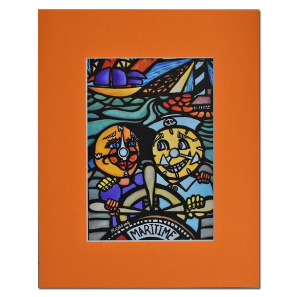 Colorful Orange Matted Abstract Art Print MariTime Artist Signed - Picture 1 of 8